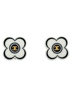 Chanel Camellia Earrings CC Logo Plastic White